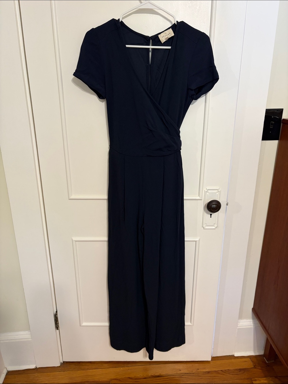 Sezane Deep Navy Short-Sleeve Wrap Jumpsuit